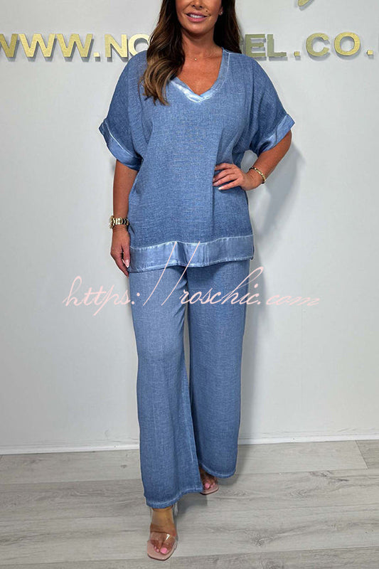 Fashionable V-neck Short-sleeved Loose Top and Elastic Waist Wide-leg Pants Set