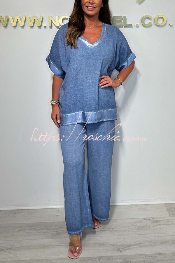 Fashionable V-neck Short-sleeved Loose Top and Elastic Waist Wide-leg Pants Set