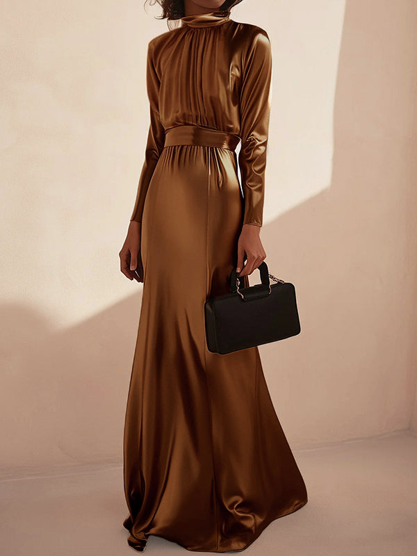 Long Sleeves Loose Pleated Shiny Color Split-joint Tied Waist High Neck Evening Dresses Maxi Dresses