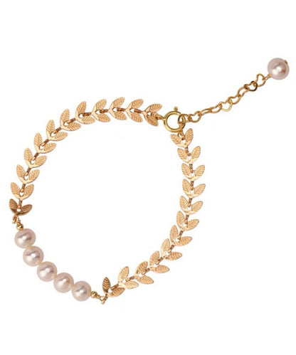 Gold Sterling Silver Alloy Pearl Leaves Tassel Charm Bracelet