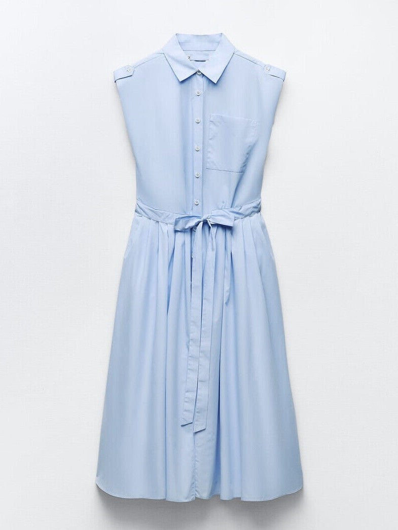 Blue Short Sleeves Midi Dress With Belt