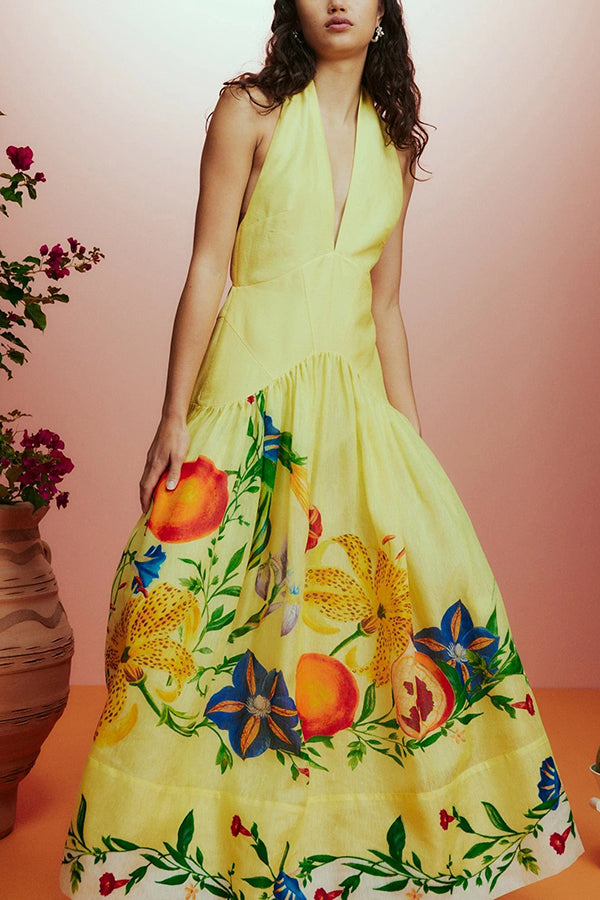 Print Halterneck Open Back Full Hem Maxi Dress