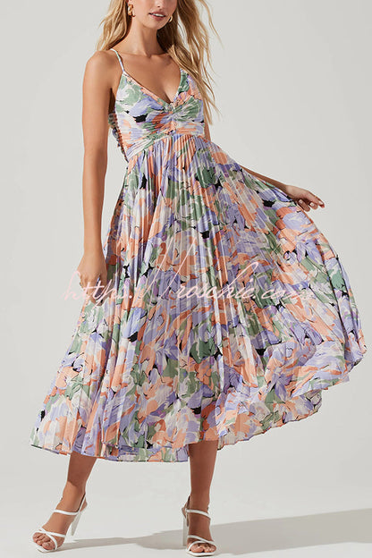 Wedding Party Season Print Pleated Back Tie-up Midi Dress