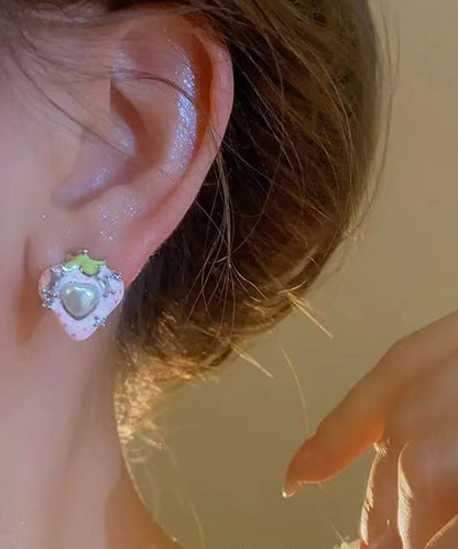Pink Copper Zircon Pearl Strawberry Love Stud Earrings