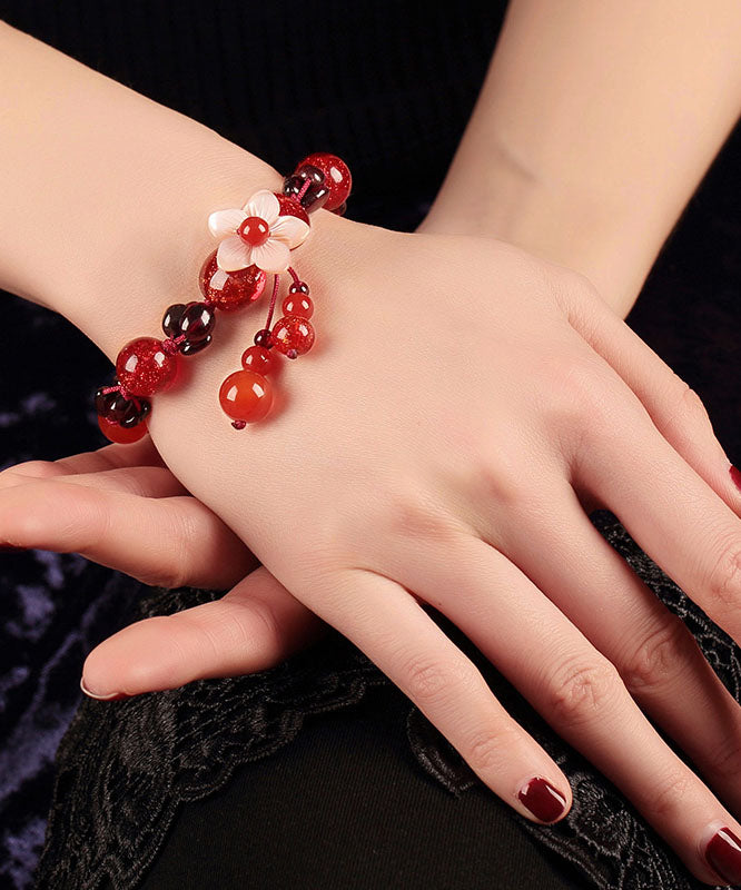 Diy Red Agate Coloured Glaze Shell Flower Garnet Charm Bracelet