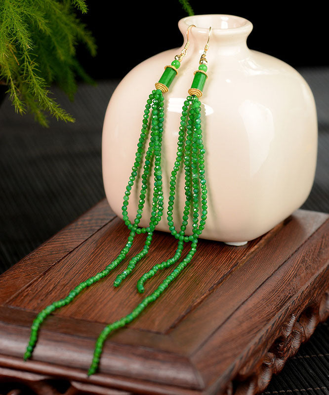 Green Silver Agate Jadeite Dry Green Tassel Drop Earrings