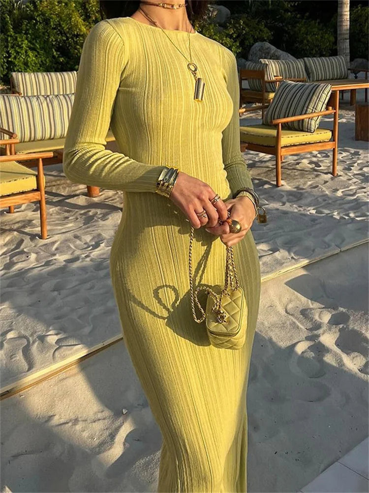 Autumn Slim Maxi Dress for High Waist Patchwork Ribbed Party Dress Long Dress Clothes
