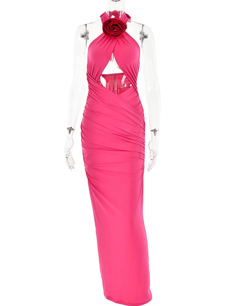 3d Flower Hollow Out Backless ’s Dress Zipper Female Sleeveless Bodycon Maxi Dress Party Club Evening Dress
