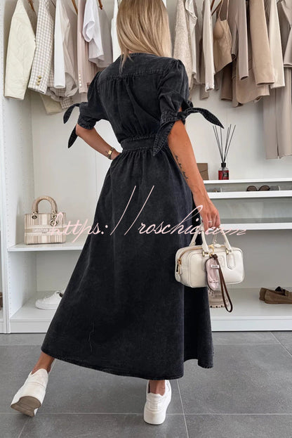Color V-neck Button-down Denim Midi Dress