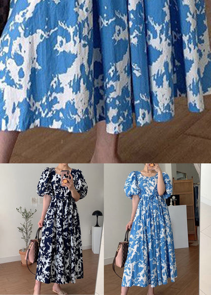 Blue Tie Waist Cotton Long Dresses Square Collar Puff Sleeve Qp007