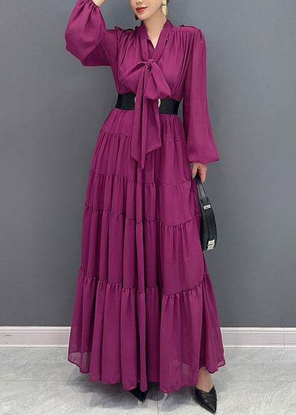 Purple V Neck Patchwork Party Chiffon Long Dress Fall Ao1040