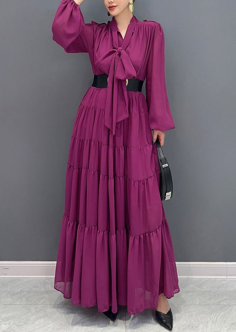 Purple V Neck Patchwork Party Chiffon Long Dress Fall Ao1040