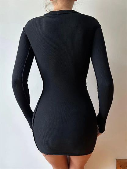 Screw Thread Mini Dress for Spring Ribbed Long Sleeve Bodycon Dresses Pink Streerwear Elastic Vestidos