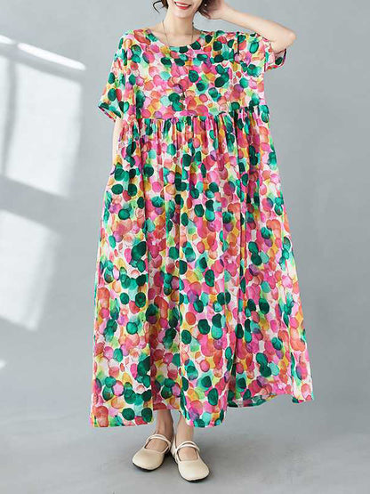 Half Sleeves Loose Pleated Polka-dot Printed Split-joint Round-neck Midi Dresses