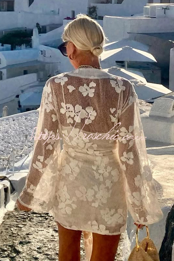Beach Elegance Lace Long Sleeve Wrap Tie-up Vacation Mini Dress