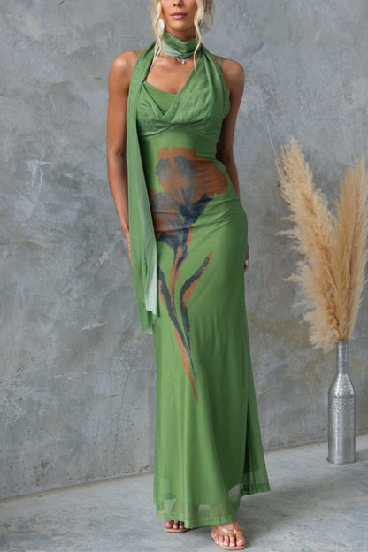 Larne Mesh Print Wrap Style Neckline Stretch Maxi Dress