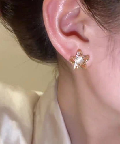 Modern Gold Copper Overgild Zircon Cat's Eye Stud Earrings