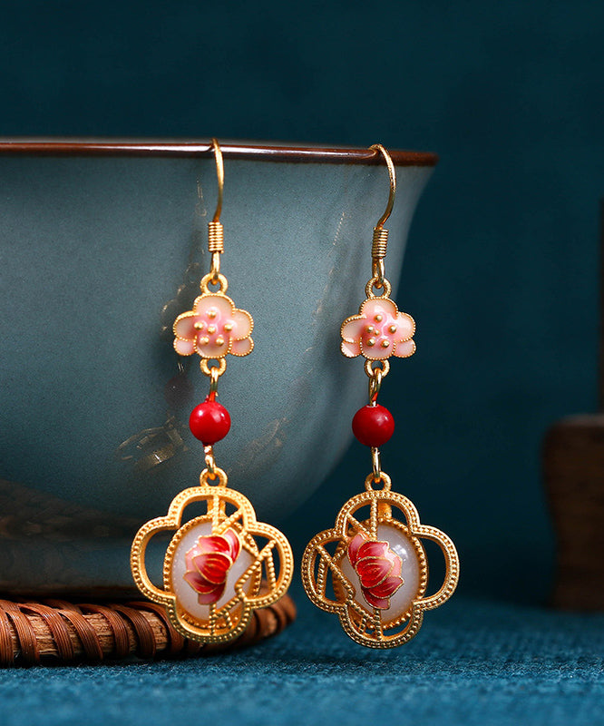 Unique Pink Copper Overgild Jade Enamel Lotus Drop Earrings