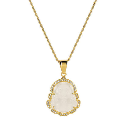 Buddha Stones 18k Gold Filled Laughing Buddha Jade Luck Necklace Chain Pendant