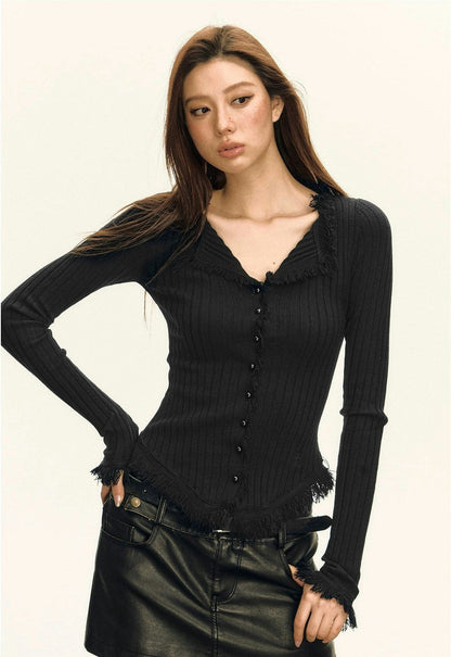 Frayed Ribbed Button-up Cardigan