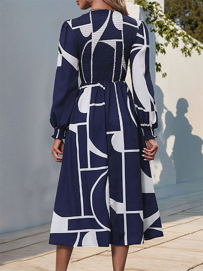 A-line High Waisted Elasticity Printed Split-joint Round-neck Midi Dresses