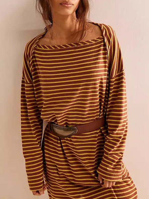 Long Sleeves Loose Contrast Color No Belt Split-joint Striped Round-neck Maxi Dresses