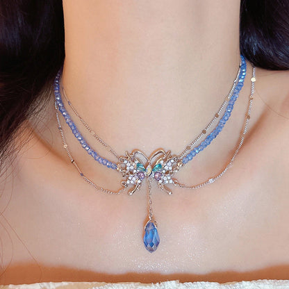 Baby Blue Copper Zircon Crystal Butterfly Water Drop Tassel Pendant Necklace