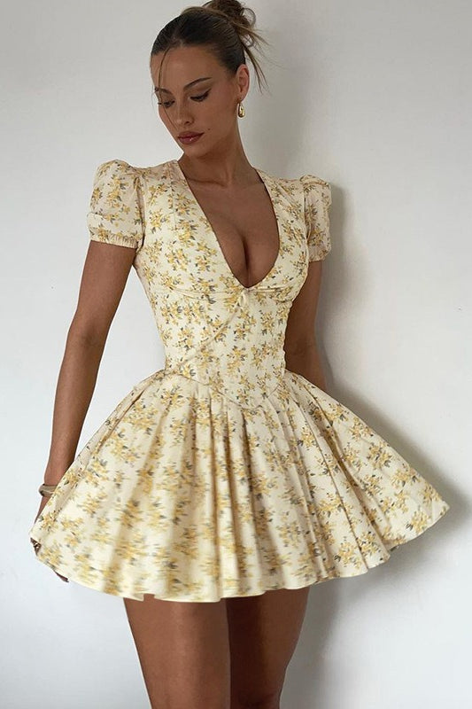 V Neck Ruched Mini Dress