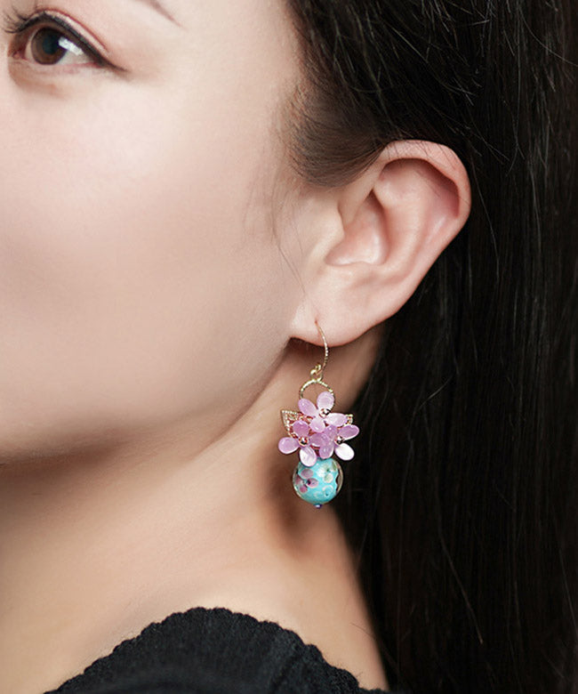 Retro Light Purple 24k Gold Coloured Glaze Synthetic Flower Drop Earrings