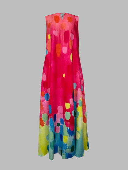 Loose Sleeveless Contrast Color Printed V-neck Maxi Dresses