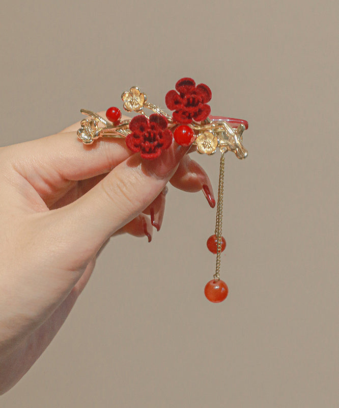 Red Copper Alloy Plum Blossom Tassel Hairpin