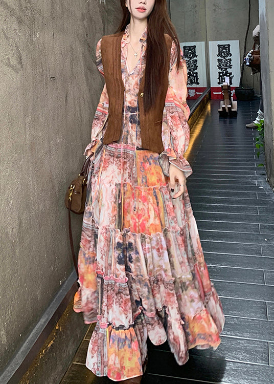 Dress Brown and Ruffled Suede Faux Waistcoat Two-piece