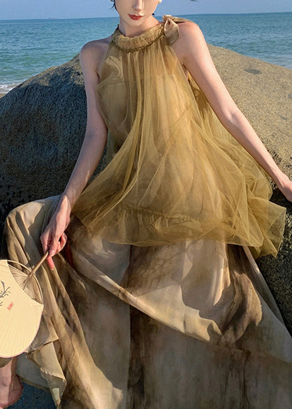 Holiday Style Tie Dyed Mesh Patchwork Fake Two Chiffon Long Dresses Tt1029