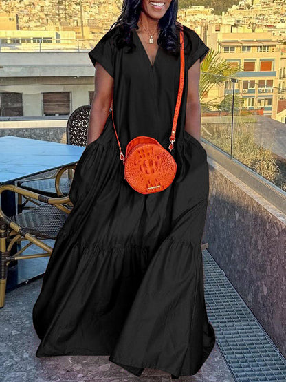 Loose Short Sleeves Pleated Pockets Color Split-joint V-neck Maxi Dresses