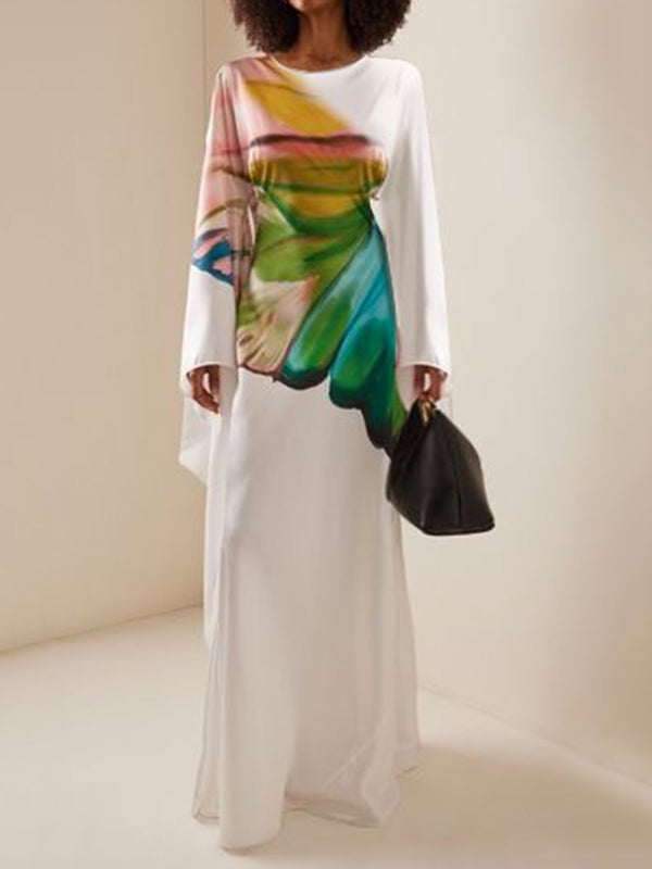 Long Sleeves Loose Printed Round-neck Maxi Dresses