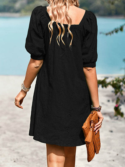 Loose Puff Sleeves Jacquard Color Square-neck Mini Dresses