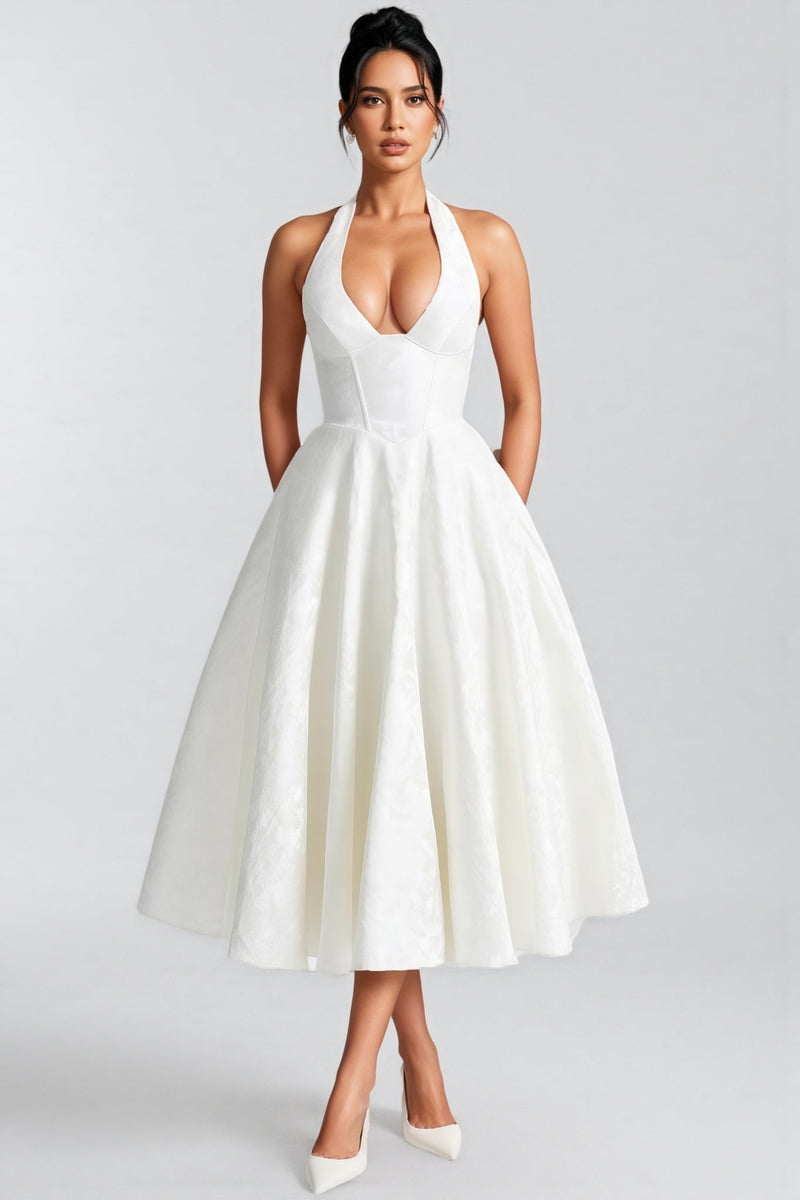 Effiy White Tie-neck Midi Dress