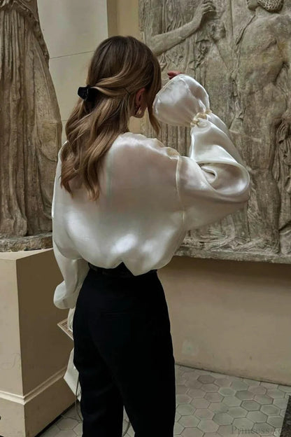 Satin Tie-waist Loose Long Sleeve Blouse