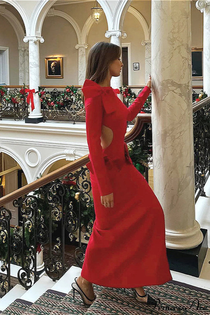 Bow Cutout Slit Bodycon Backless Maxi Dress