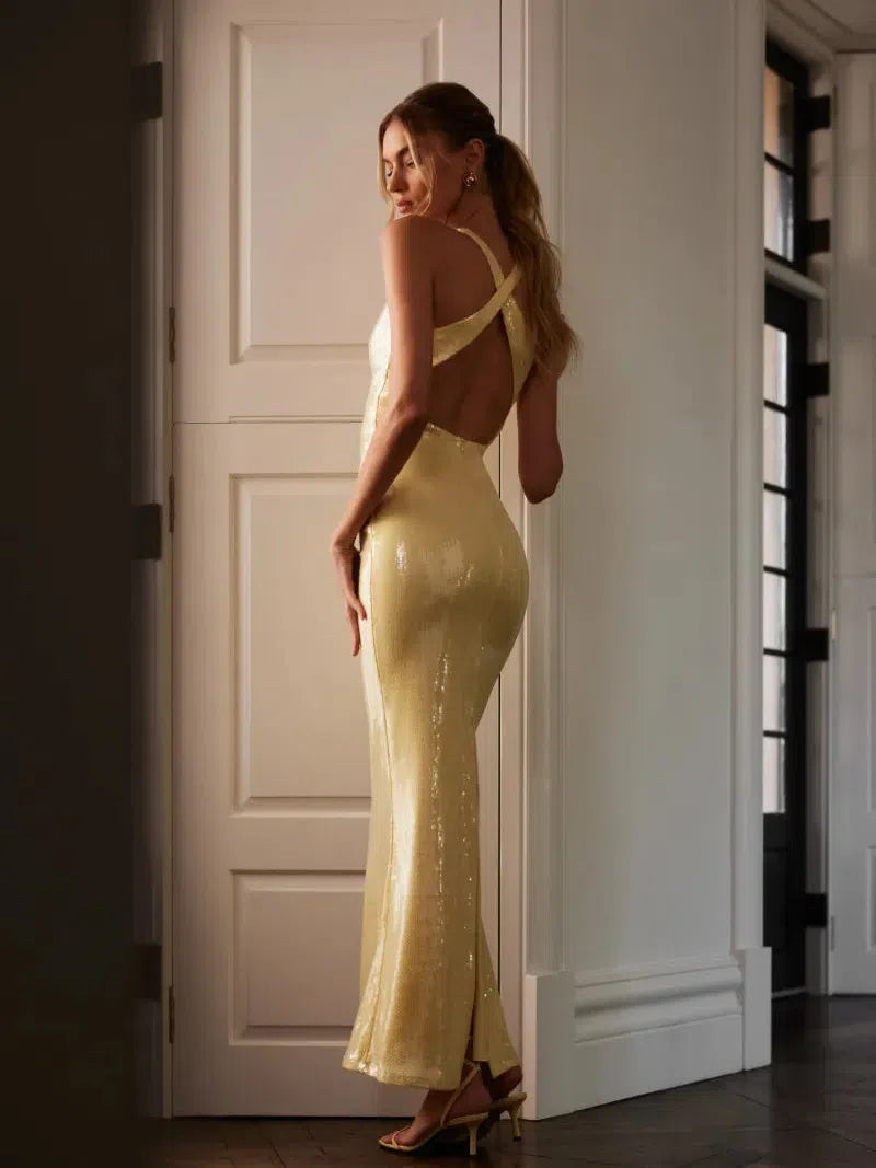 Applique Rose Sequin Backless Maxi Dress