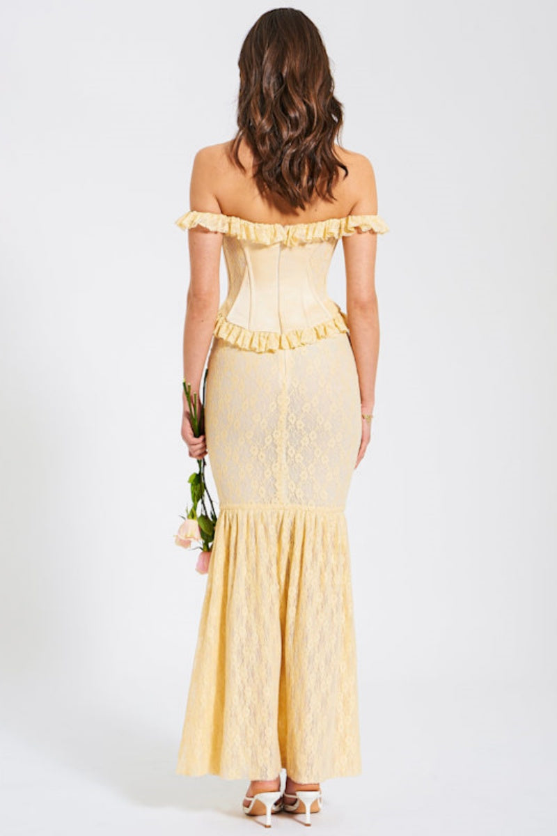 Satin Lace Peplum Corset Off Shoulder Maxi Dress