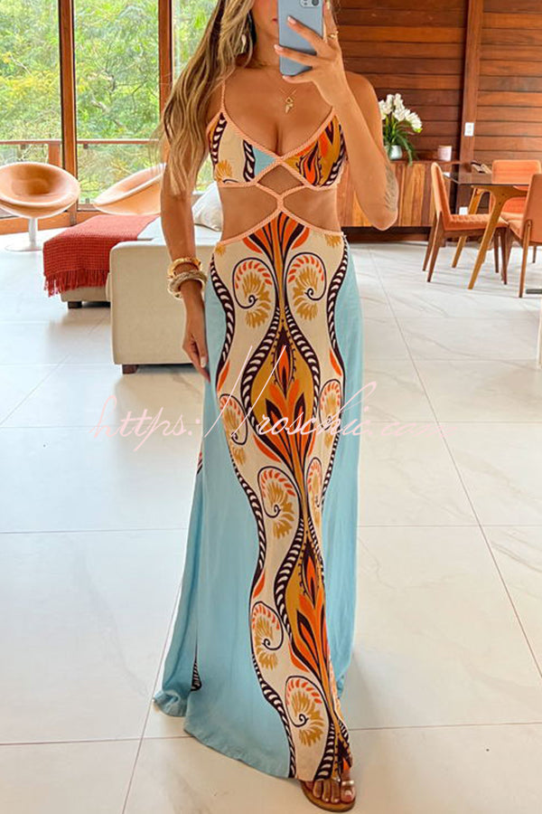 Summer Symphony Linen Blend Unique Print Cutout Waist Back Tie-up Maxi Dress