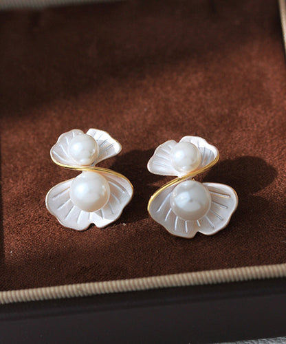 Diy White Copper Overgild Pearl Morning Glory Stud Earrings