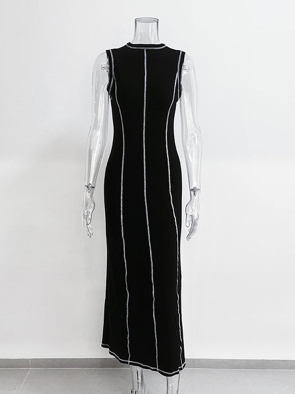 A-line Sleeveless Split-joint Striped Round-neck Maxi Dresses