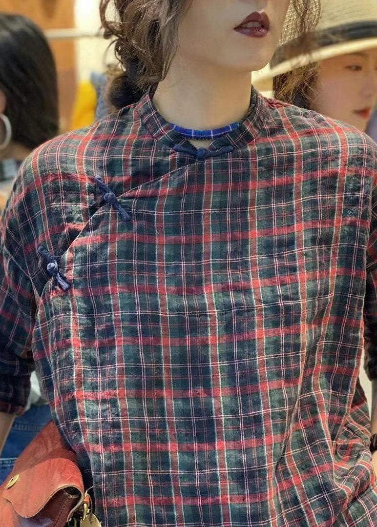 Plaid Button Cotton Blouses Stand Collar Bracelet Sleeve