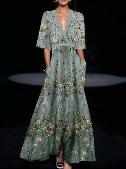 Print Party Long Dresses V-neck Half Sleeves Temperament A-line Evening Dress Female New Commuting Vestido