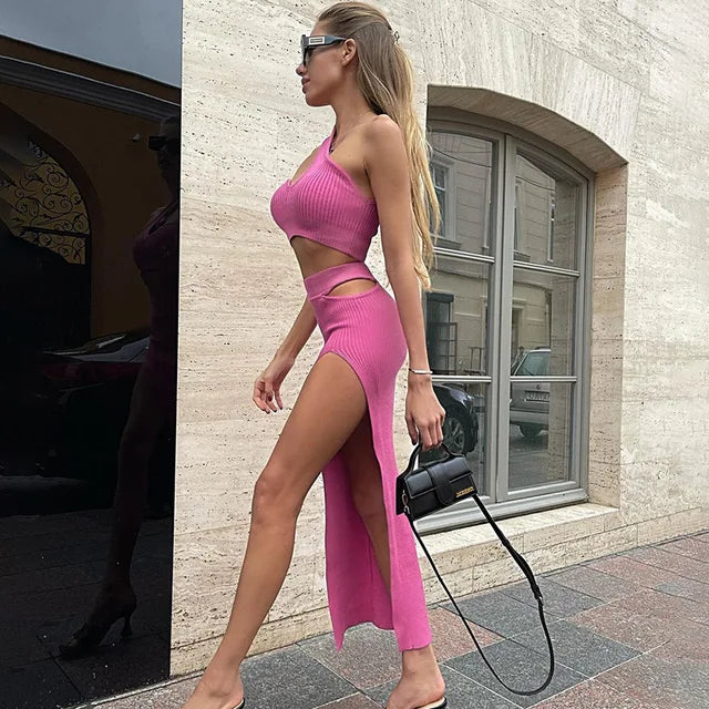 Ribbed Hollow Out Sleveless Long Dress Split Out Slim Vestidos Cropped Off Shoulder Holiday Beachwear
