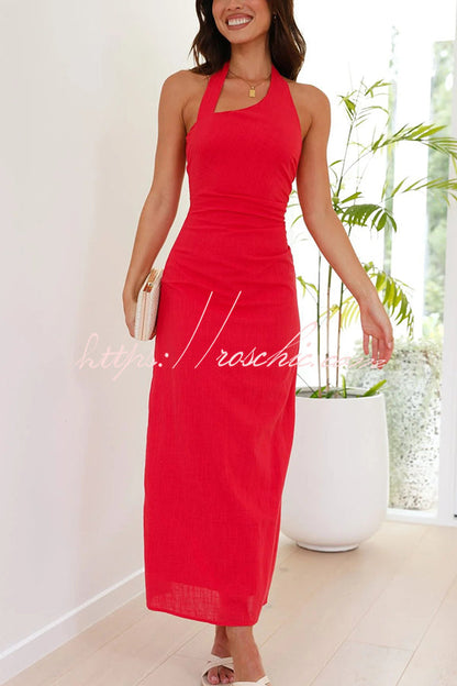 Color Sleeveless Halter Neck Backless Slim Fit Maxi Dress