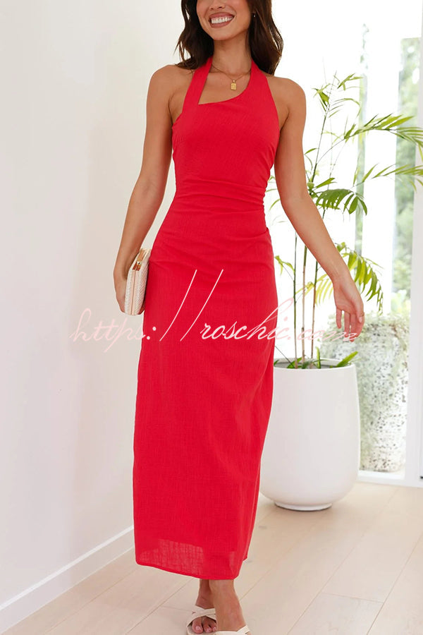 Color Sleeveless Halter Neck Backless Slim Fit Maxi Dress