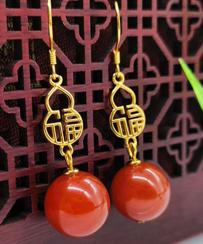 Red Sterling Silver Overgild Agate Graphic Drop Earrings